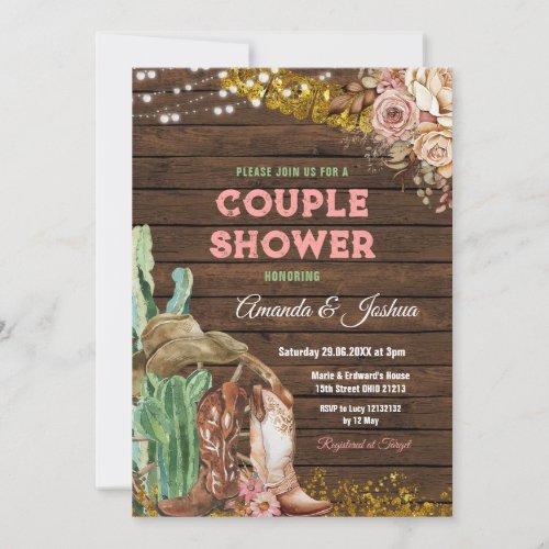Rustic Country Boots Couples Shower Wood Floral Invitation