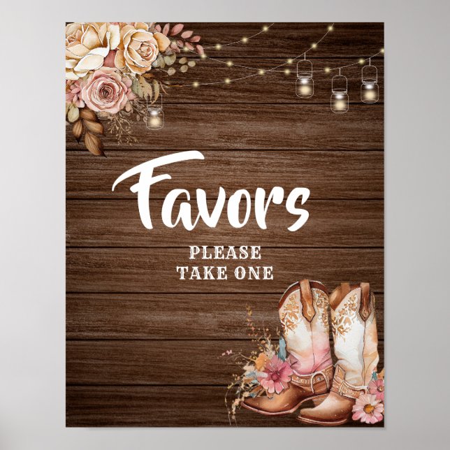 Rustic Country Boots Cowgirl Birthday Favors Sign (Front)