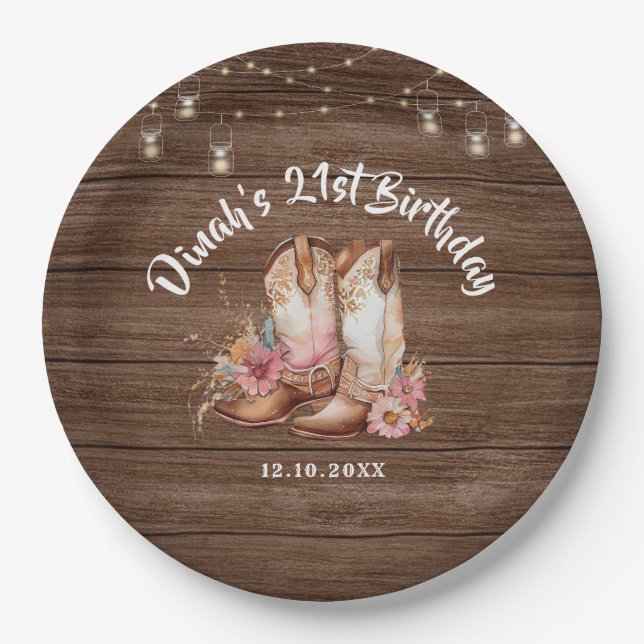 Rustic Country Boots Cowgirl Birthday Paper Plates (Front)