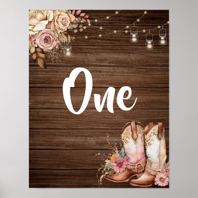 Rustic Country Boots Cowgirl Birthday Table Number Poster (Front)
