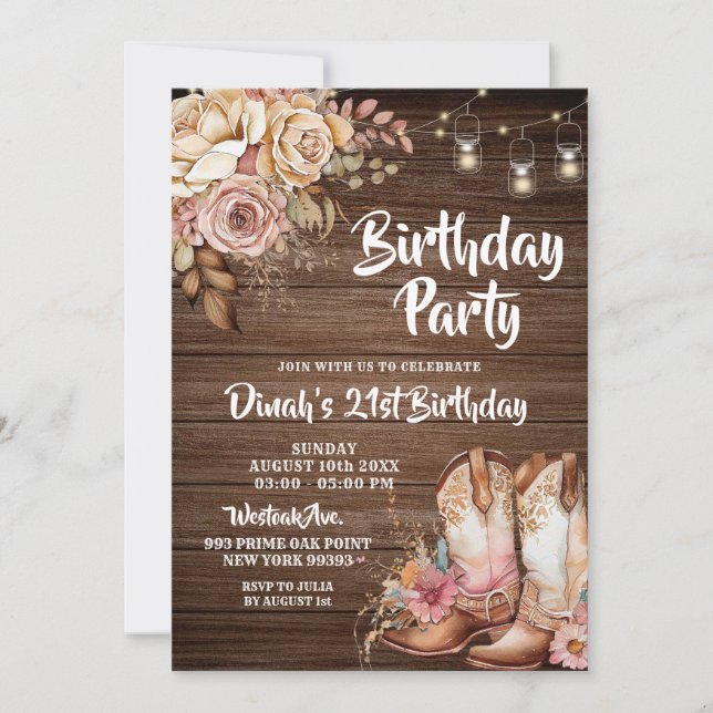 Rustic Country Boots Cowgirl Floral Birthday Invitation (Front)