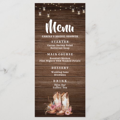 Rustic Country Boots Cowgirl Floral Birthday Menu