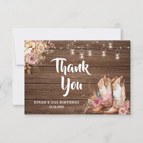 Rustic Country Boots Cowgirl Floral Birthday Thank You Card