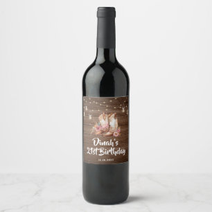 Rustic Country Boots Cowgirl Floral Birthday Wine Label