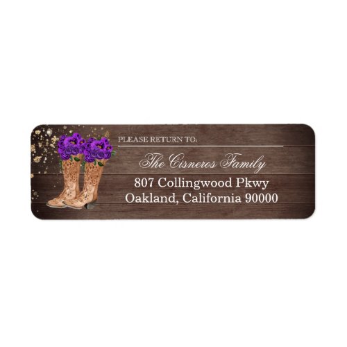 Rustic Country Boots Purple Roses Return Address Label