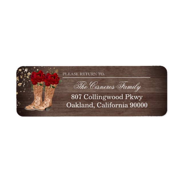 Rustic Country Boots Red Roses Return Address Labe Label (Front)