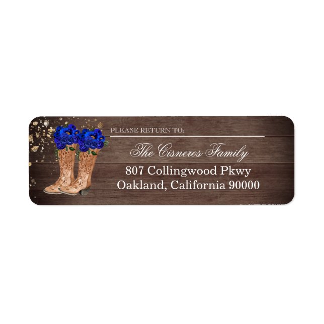 Rustic Country Boots Royal Blue Roses Address Label (Front)