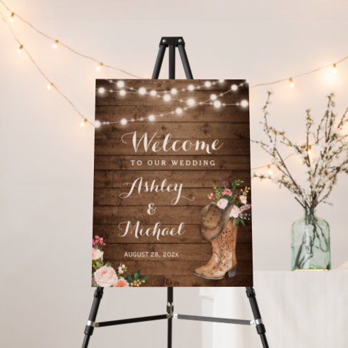 Rustic Country Boots String Lights Floral Wedding Foam Board - Rustic Country Boots String Lights Floral Wedding Sign Foam Board. 
(1) The default size is 18 x 24 inches, you can change it to other size.  
(2) For further customization, please click the "customize further" link and use our design tool to modify this template.