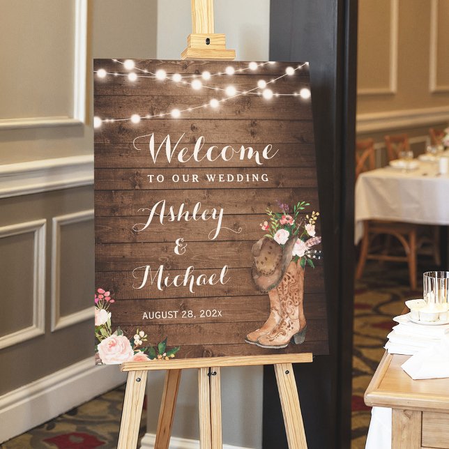 Rustic Country Boots String Lights Floral Wedding Foam Board (Creator Uploaded)