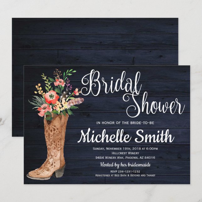 Rustic Country Bridal Western Blue Bridal Shower Invitation (Front/Back)