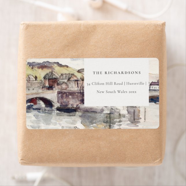 Rustic Country Bridge Riverside Watercolor Address Label (Insitu)