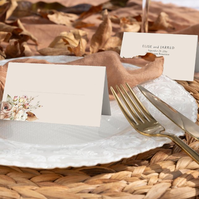 Rustic Country Brown Floral Wedding Place Card (Wedding table place cards from Rustic Floral Brown Neutral Wedding Collection by Darling & May)