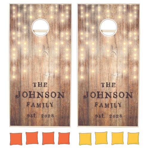 Rustic Country Brown Wood Lights Personalized Cornhole Set