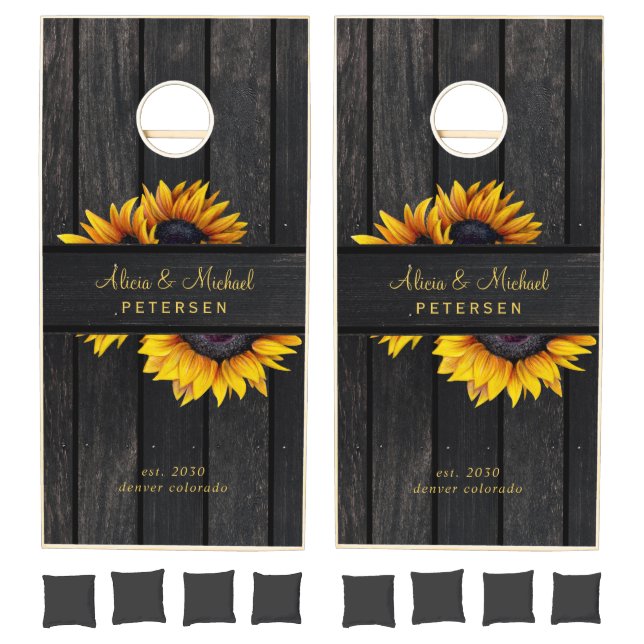 Rustic country brown wood sunflowers family name cornhole set (Set)