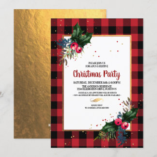 Rustic Country Buffalo Check Christmas Party Invitation