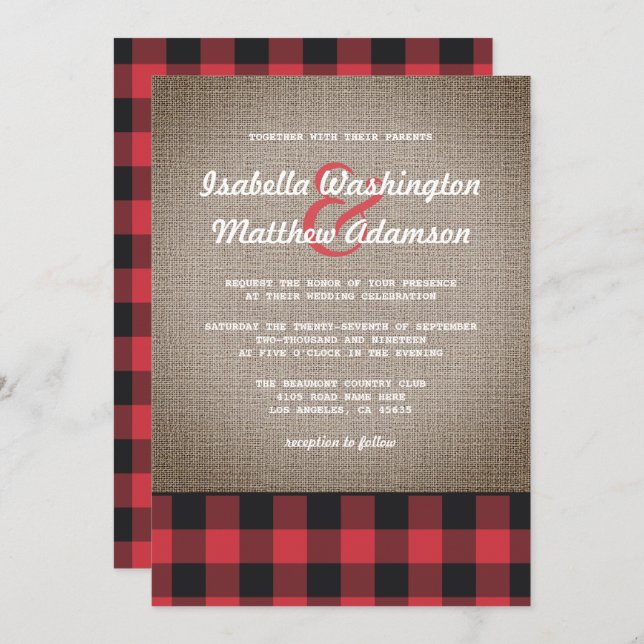 Rustic Country Buffalo Plaid & Burlap Wedding Invitation (Front/Back)