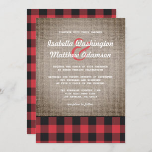 Rustic Country Buffalo Plaid & Burlap Wedding Invitation