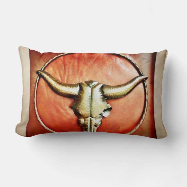 Rustic Country Bull Horns Faux Leather Design Lumbar Pillow (Front)