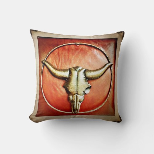 Rustic Country Bull Horns Faux Leather Design Throw Pillow