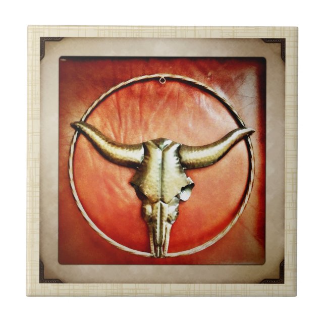 Rustic Country Bull Horns Faux Leather Design Tile (Front)