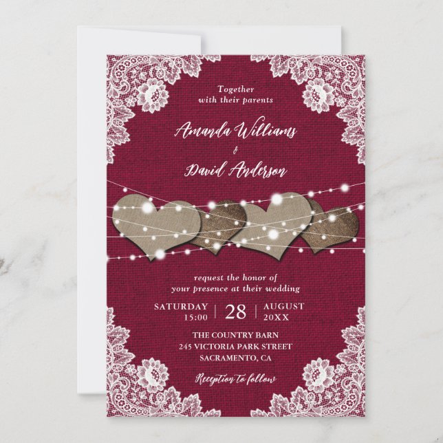 Rustic Country Burgundy Burlap and Lace Wedding Invitation (Front)