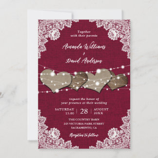 Rustic Country Burgundy Burlap and Lace Wedding Invitation