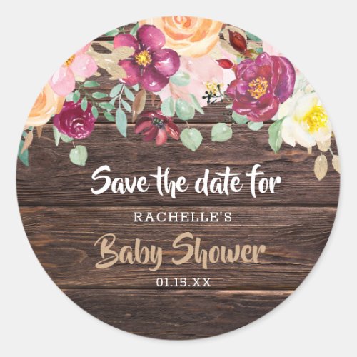 Rustic Country Burgundy Floral Baby Shower Classic Round Sticker
