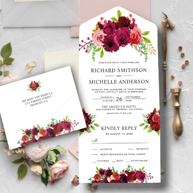 Rustic Country Burgundy Floral Bouquet Wedding All In One Invitation (Creator Uploaded)