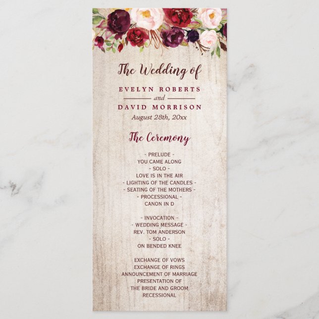 Rustic Country Burgundy Floral Wedding Program (Front)