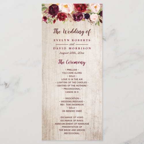 Rustic Country Burgundy Floral Wedding Program - Rustic Country Burgundy Floral Wedding Program Card. 
(1) For further customization, please click the "customize further" link and use our design tool to modify this template. 
(2) If you need help or matching items, please contact me.