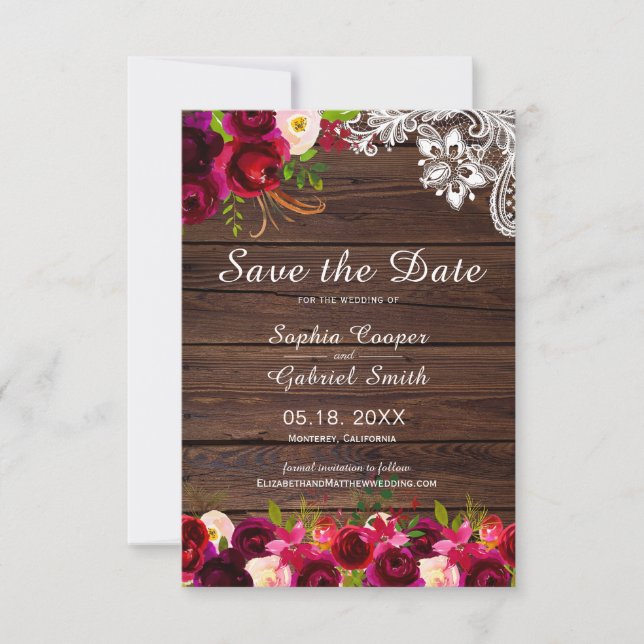 Rustic Country Burgundy Floral Wood Lace  Save The Date (Front)