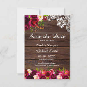 Rustic Country Burgundy Floral Wood Lace Save The Date