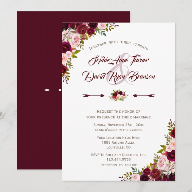Rustic Country Burgundy Marsala Floral Wedding Invitation (Front/Back)