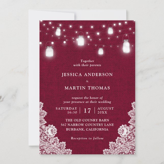 Rustic Country Burgundy Mason Jar Lights Wedding I Invitation (Front)