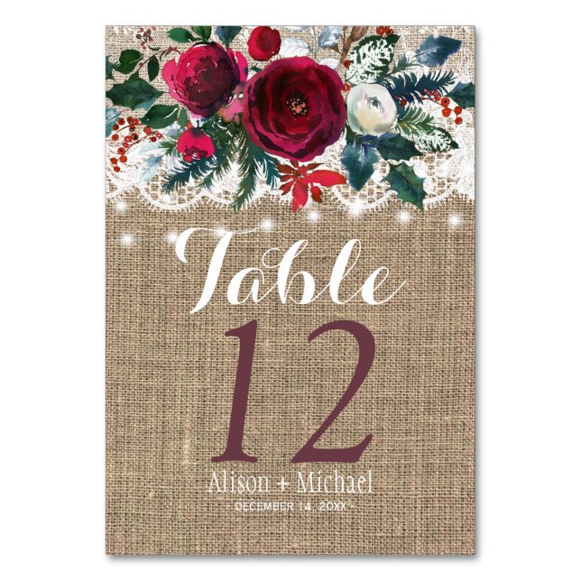 Rustic country burgundy peony wedding table number (Front)