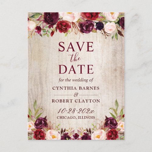 Rustic Country Burgundy Red Floral Save the Date Postcard