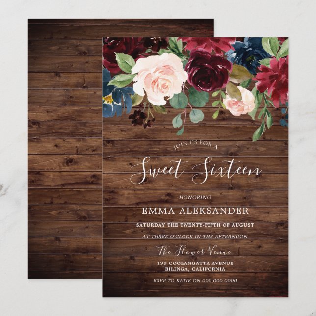 Rustic Country Burgundy Red Floral Sweet 16 Invitation (Front/Back)