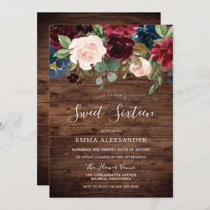 Rustic Country Burgundy Red Floral Sweet 16 Invitation