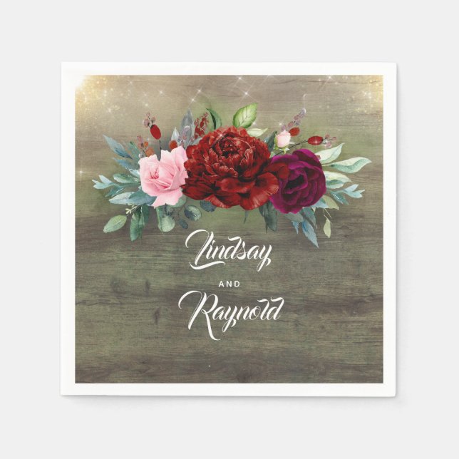 Rustic Country Burgundy Red Floral Wedding Napkins (Front)