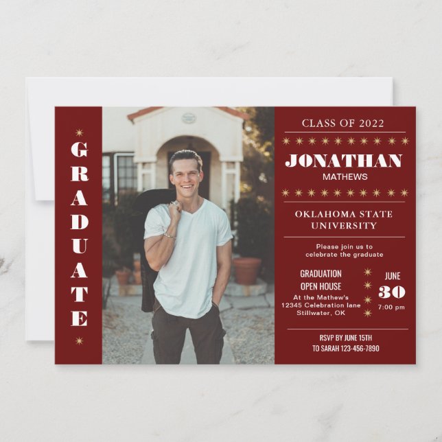 Rustic Country Burgundy Red Gold Photo Graduation Invitation (Front)