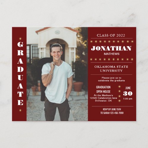 Rustic Country Burgundy Red Gold Photo Graduation Postcard