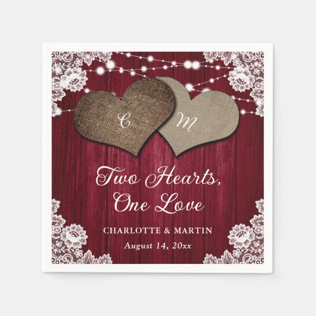 Rustic Country Burgundy Wood Burlap Lace Wedding Napkins (Front)
