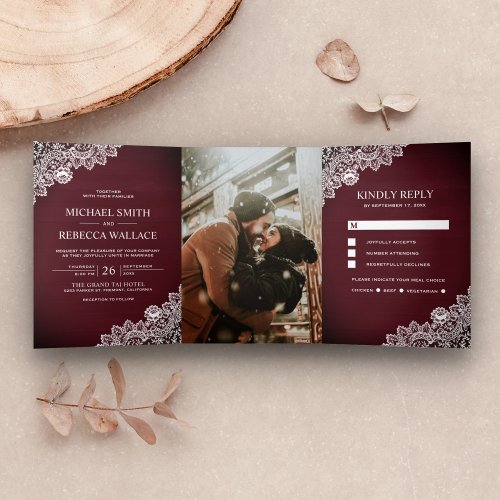 Rustic Country Burgundy Wood Lace Wedding Photo Tri_Fold Invitation