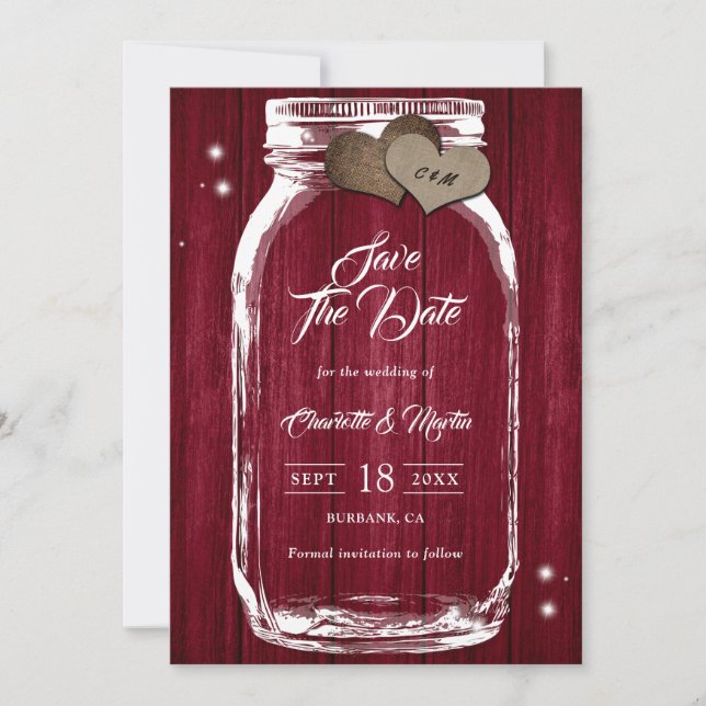 Rustic Country Burgundy Wood Mason Jar Wedding Save The Date (Front)