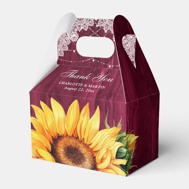 Rustic Country Burgundy Wood Sunflower Wedding Favor Boxes (Front Side)