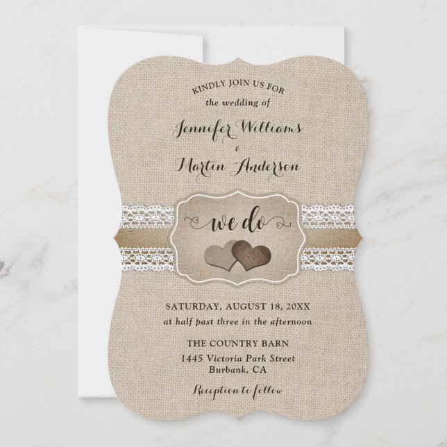 Rustic Country Burlap and Lace Hearts Wedding Invitation (Front)