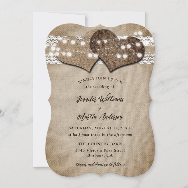 Rustic Country Burlap and Lace Wedding Invitation (Front)