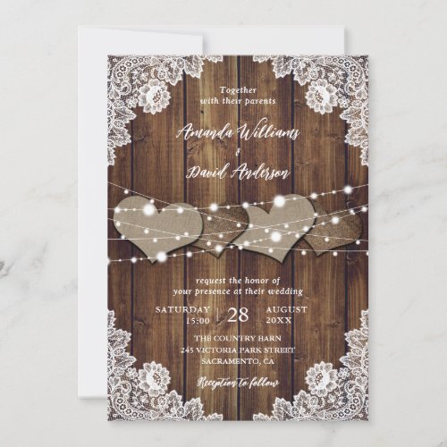 Rustic Country Burlap and Lace Wedding Invitation