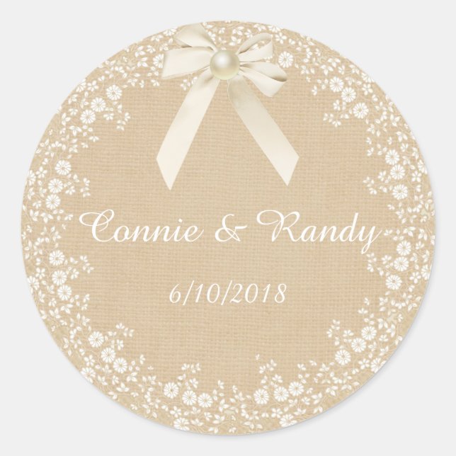 Rustic Country Burlap and Lace Wedding Sticker (Front)