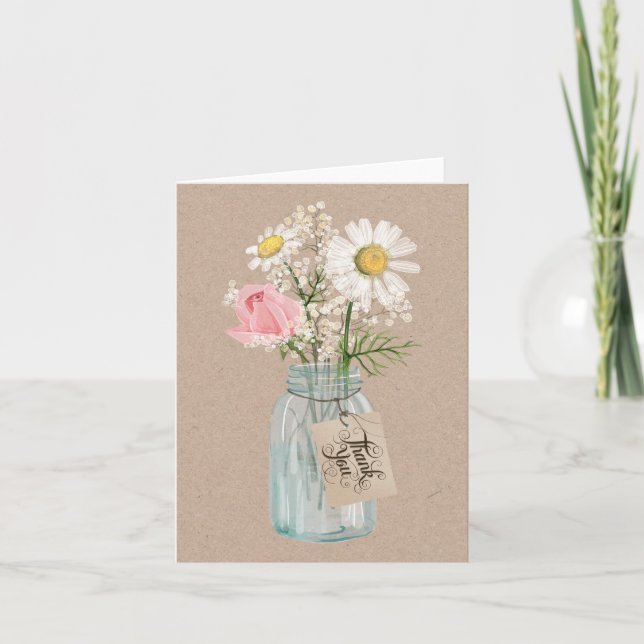 Rustic Country Burlap and Mason Jar Flowers Thank You Card (Front)